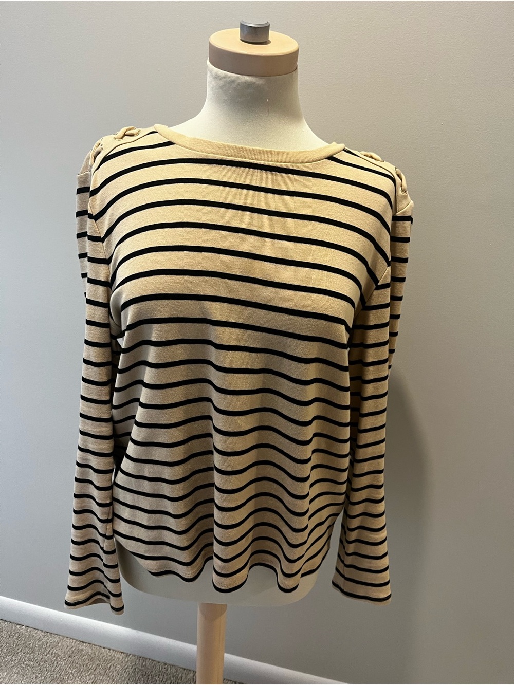 Striped Long-Sleeve Crewneck Top in Cream and Black